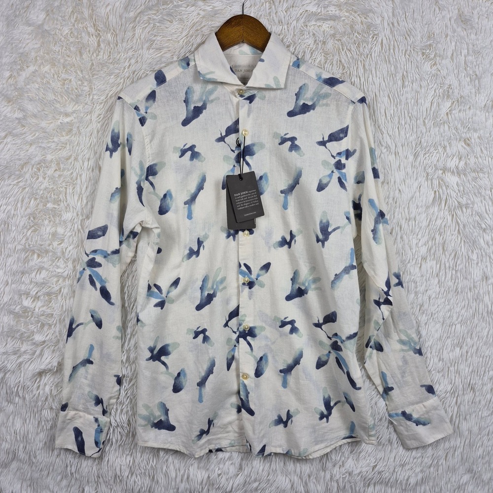 Dan John Mens Linen Blend Abstract Print Button Down Shirt White Blue Size 15-38